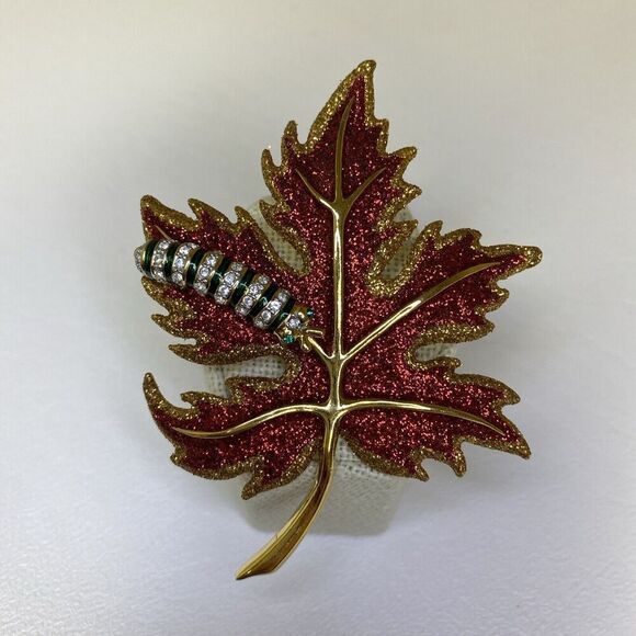 Joan Rivers Red Glittering Maple Leaf With Rhinestone Caterpillar Brooch - Picture 1 of 7